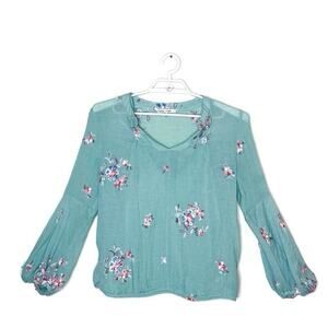 FIG‎ & FLOWER Women Teal Blue Floral Embroidered Pop Over Blouse Ballon Sleeve L